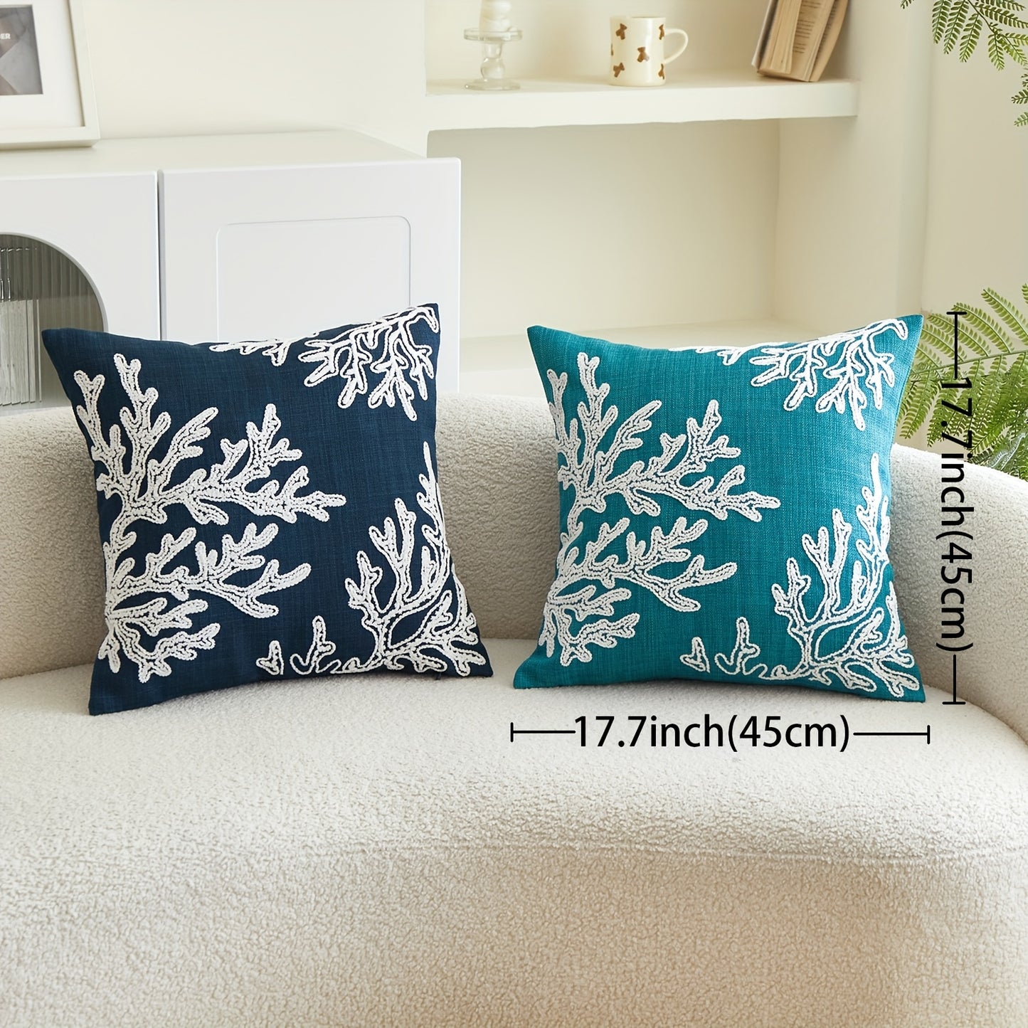 Coral Embroidered Pillow Cover – 18x18 Inch Teal Coastal Accent