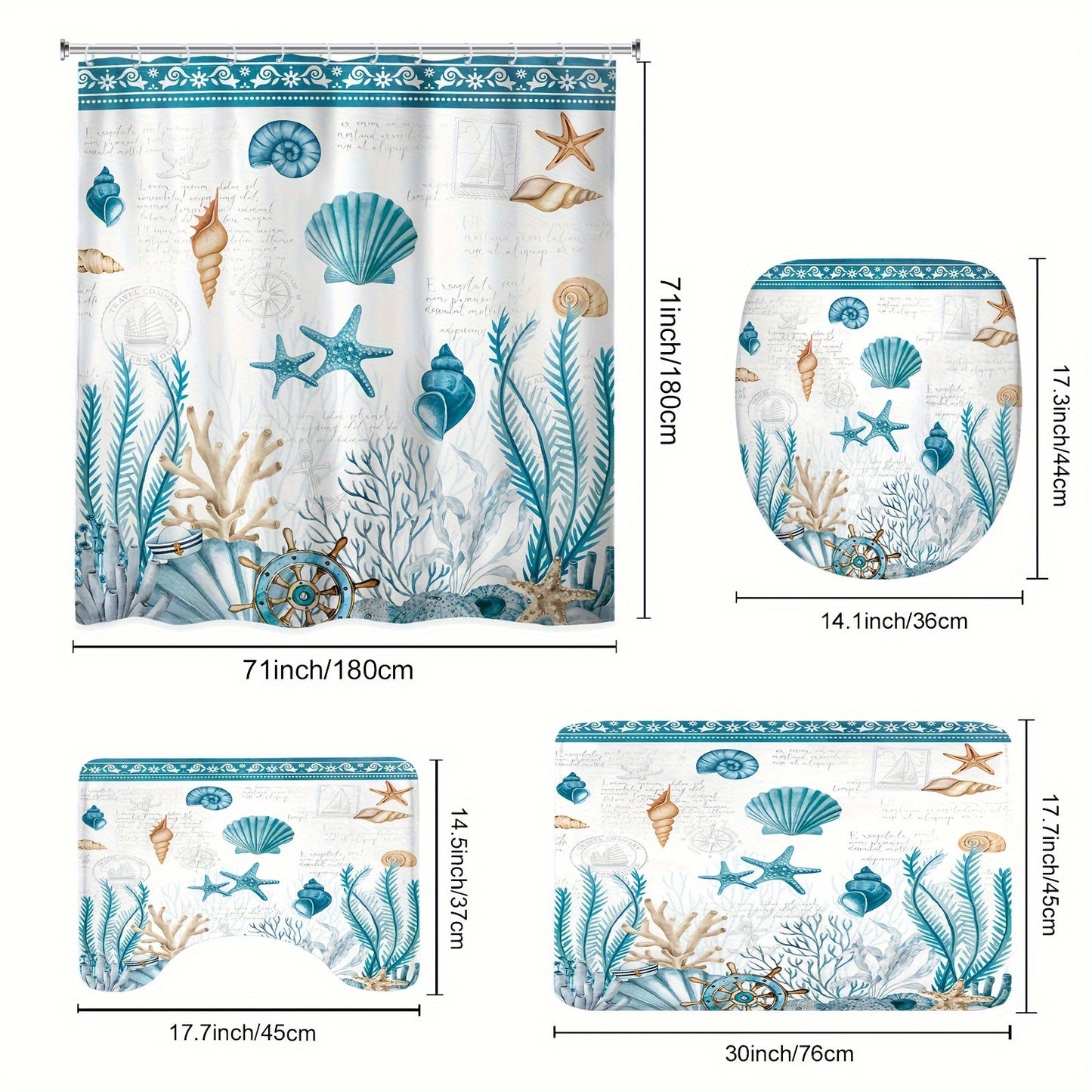 Illustrated Seashell & Coral Shower Curtain Set (4-Piece) – Blue & Teal