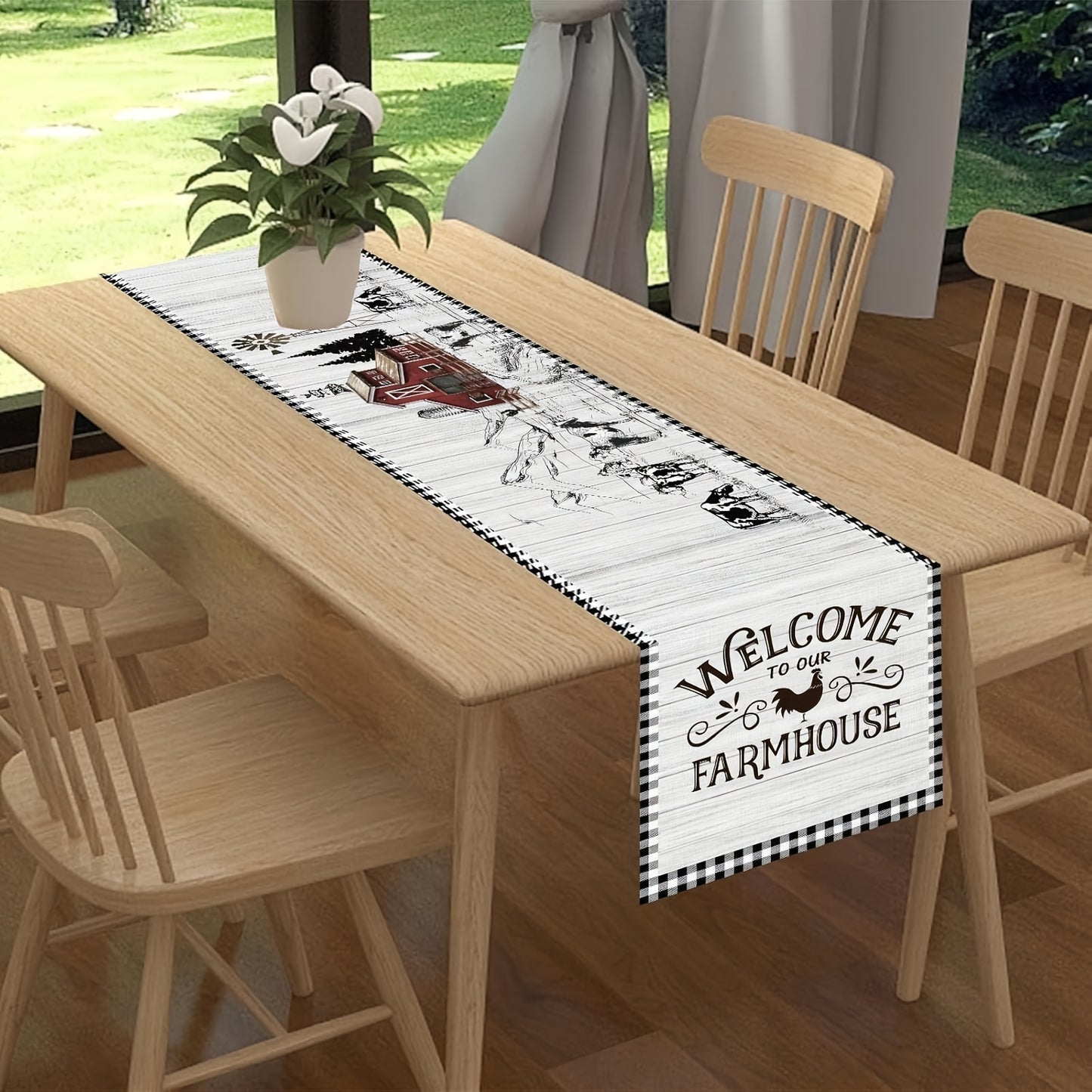 “Welcome to Our Farmhouse” Design with Checkered Border –  100% Linen Table Runner, 13x48/72"