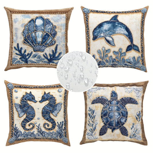 Coastal Outdoor Pillow Covers – Shells, Dolphins, Seahorses & Turtle, 18x18"
