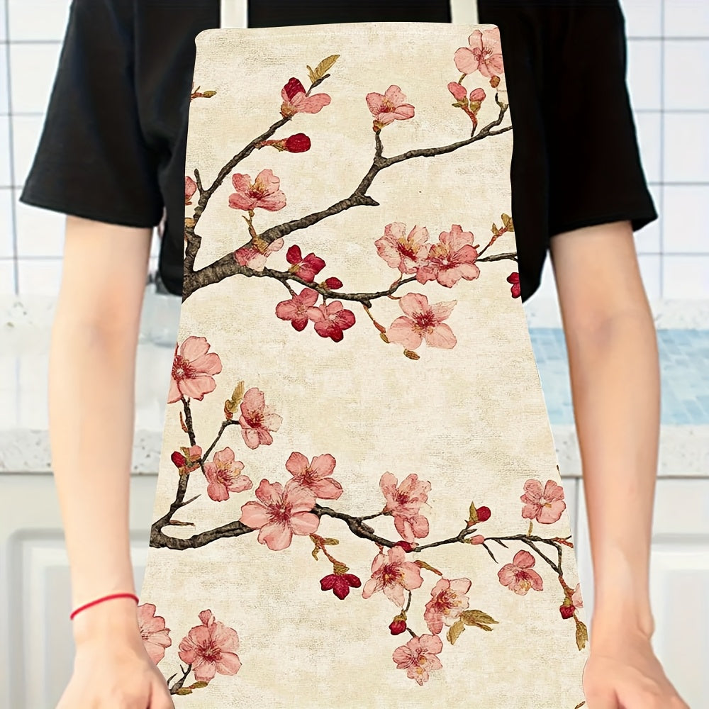 Red & Pink Cherry Blossom Apron – Floral Branch Design, 100% Linen