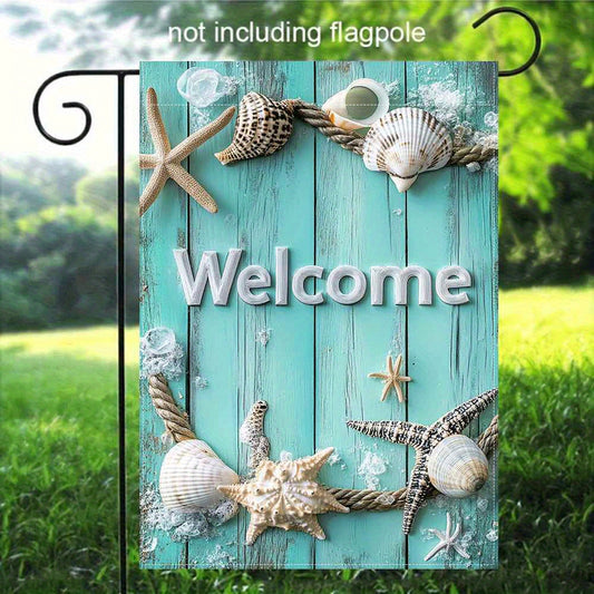 Ocean-Themed Double-Sided Linen Garden Flag – "Welcome" Design with Seashells & Starfish, 12x18"