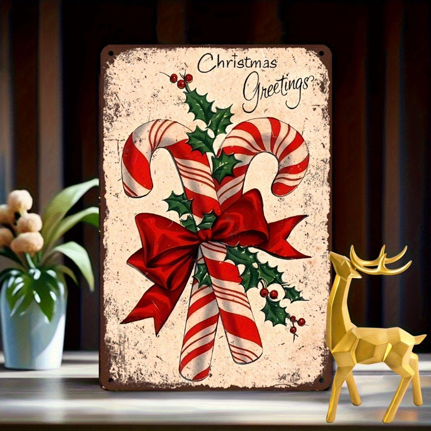 Nostalgic Christmas metal sign featuring candy canes and holly berries for traditional holiday décor – 8x12".
