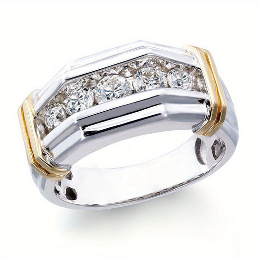 Men's Vintage Two-Tone Stainless Steel Geometric Angle Ring with Sparkling Accents