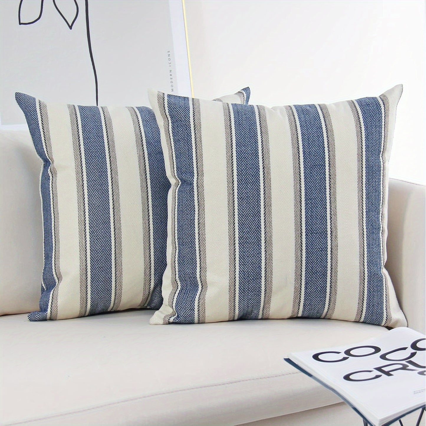 Blue Striped Throw Pillow Covers – Farmhouse Style, 18x18"