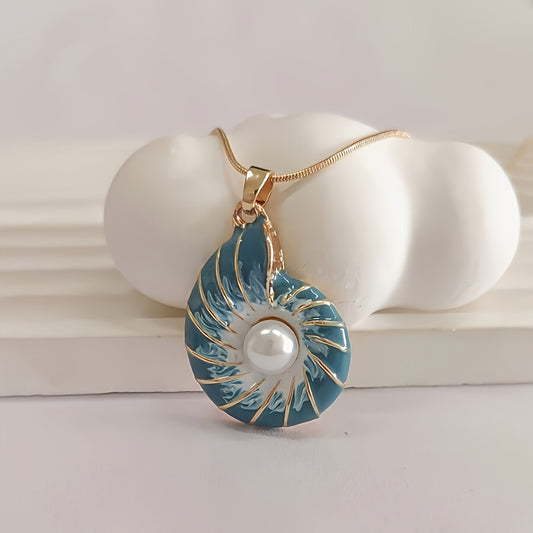 Women's Vintage Blue Snail Pendant Necklace with Cultured-Style Pearl