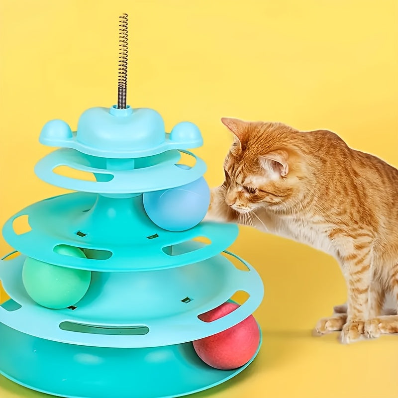 Interactive 4-Layer Cat Toy with Green Nylon Feather Teaser