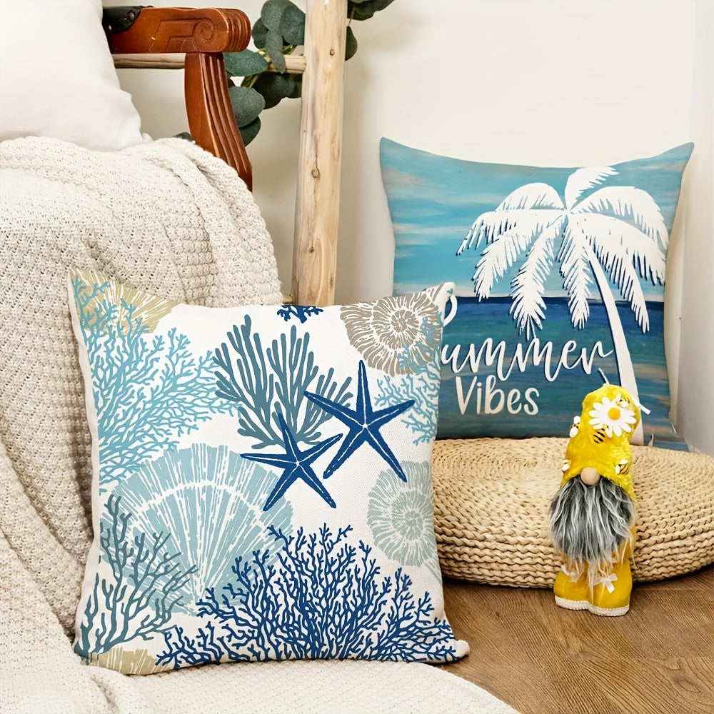 Summer Ocean Beach Pillowcase – Coastal Marine Life Design, 18x18"