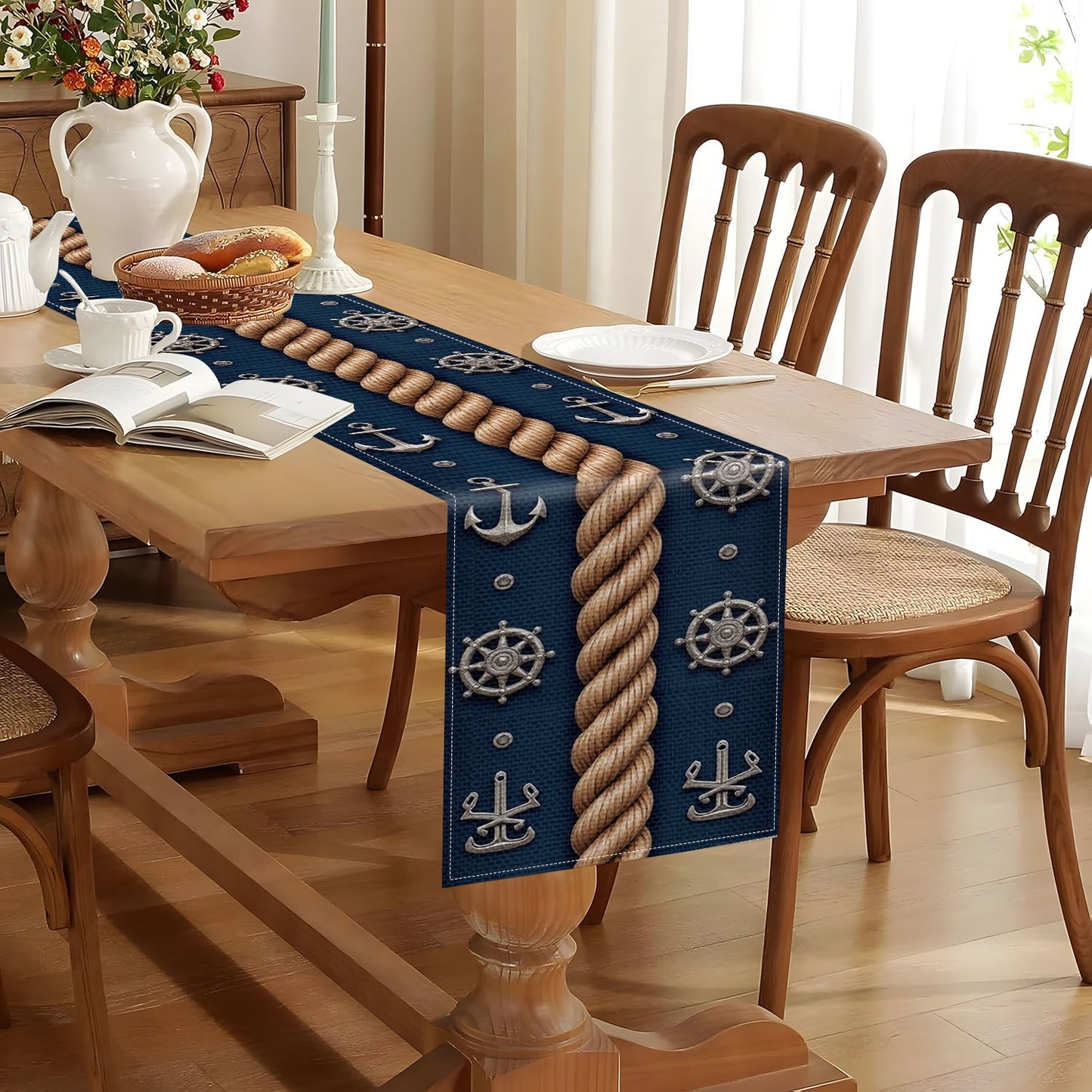Nautical Table Runner – Navy with Golden Rope, Ship Wheel & Anchor Design, 12.99 x 72.05"