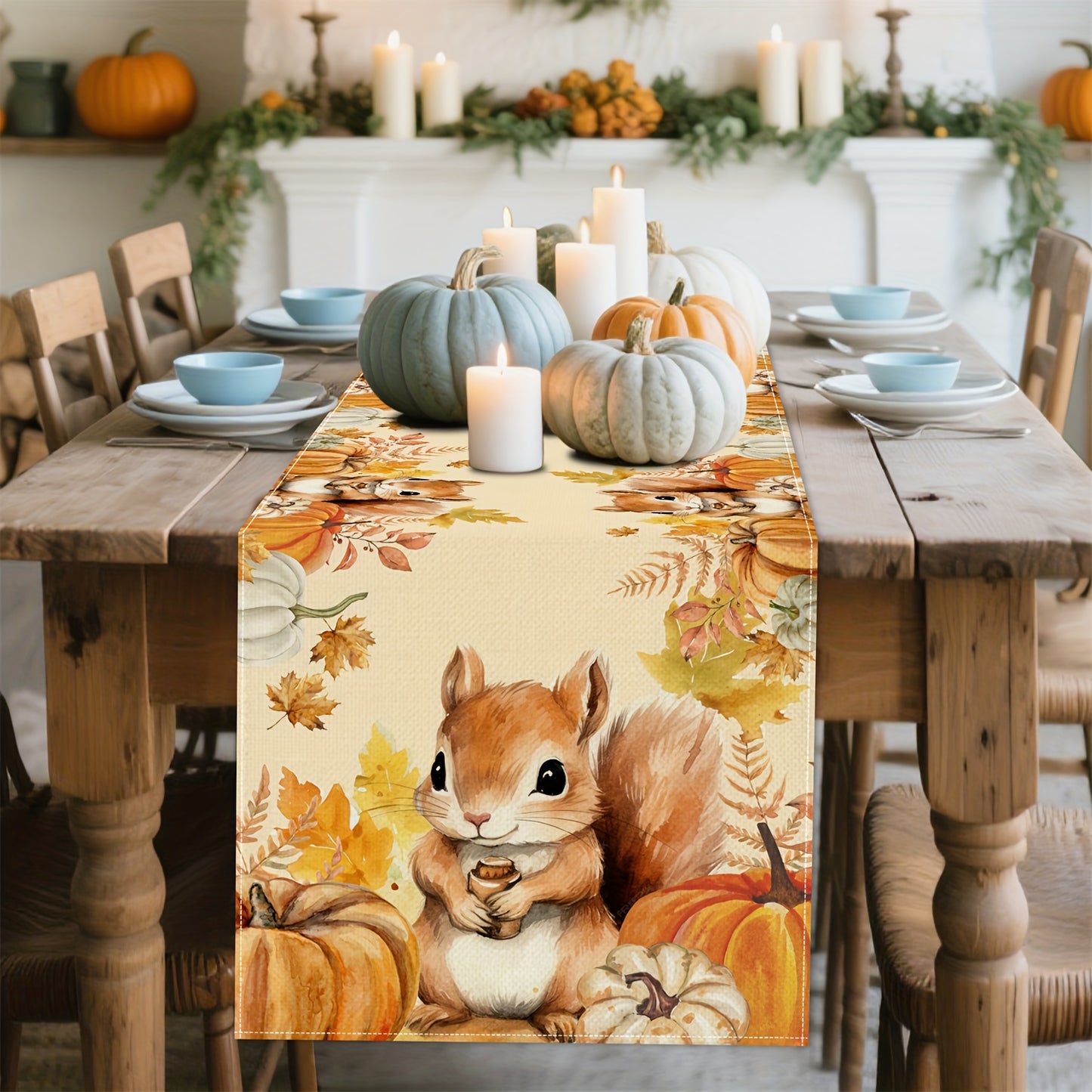 Hand-Painted Autumn Table Runner – Squirrel, Pumpkin & Fall Leaves, 13x72/108"
