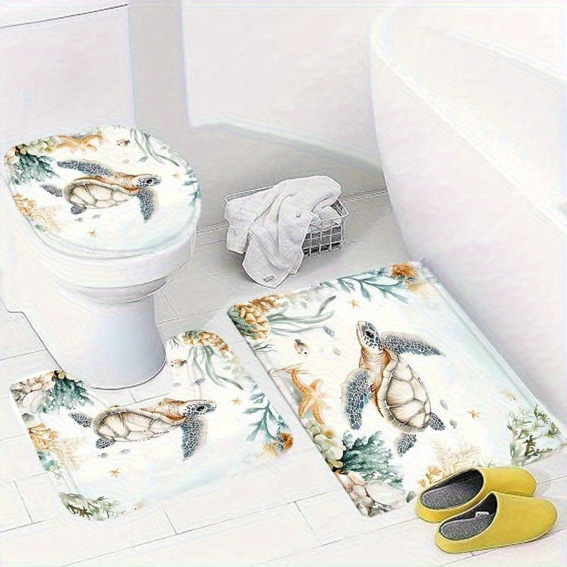 4-Piece Sea Turtle Shower Curtain Set – Non-Slip Mats & Hooks