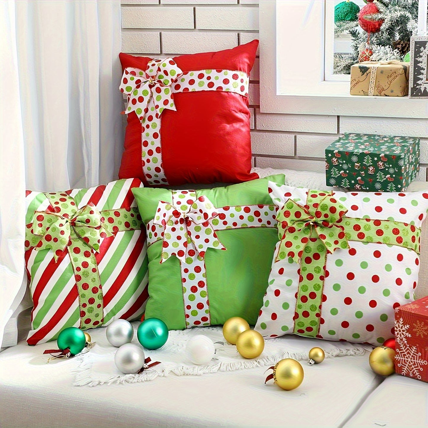 Christmas Holiday Pillow Covers – Modern Red & Green Dot Design, 18x18"