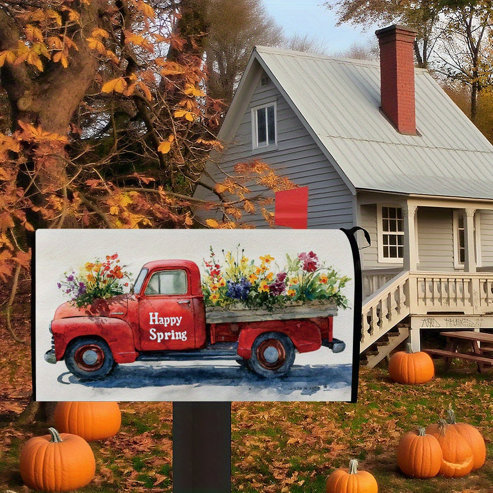 Farmhouse Red Truck “Happy Spring” Mailbox Cover – Magnetic, 18" x 21"