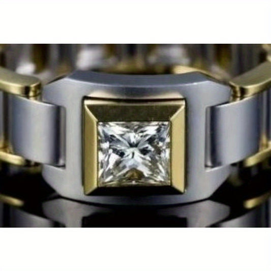 Vintage-Inspired Square Inlay Ring with Golden-Tone Band & Cubic Zirconia Center – Festive Jewelry