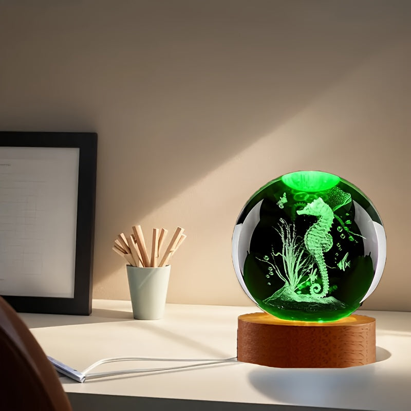 3D Seahorse Crystal Night Light – Color-Changing LED with Bamboo Base, 2"x3"