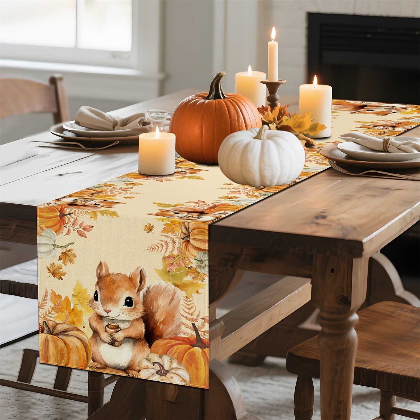 Hand-Painted Autumn Table Runner – Squirrel, Pumpkin & Fall Leaves, 13x72/108"