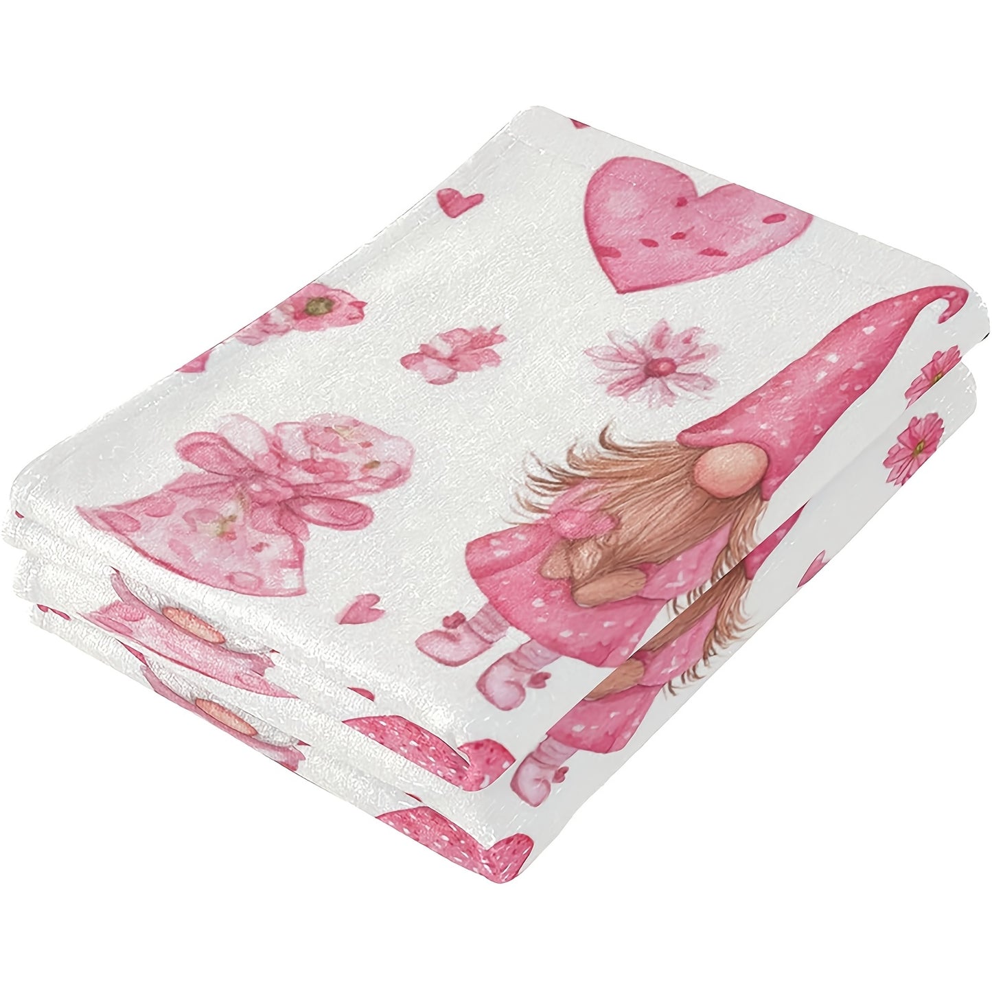 Whimsical 16x24 inch polyester Valentine's Day hand towels featuring pink-hatted gnomes with hearts and florals for holiday décor – Coastal Pillows Plus.
