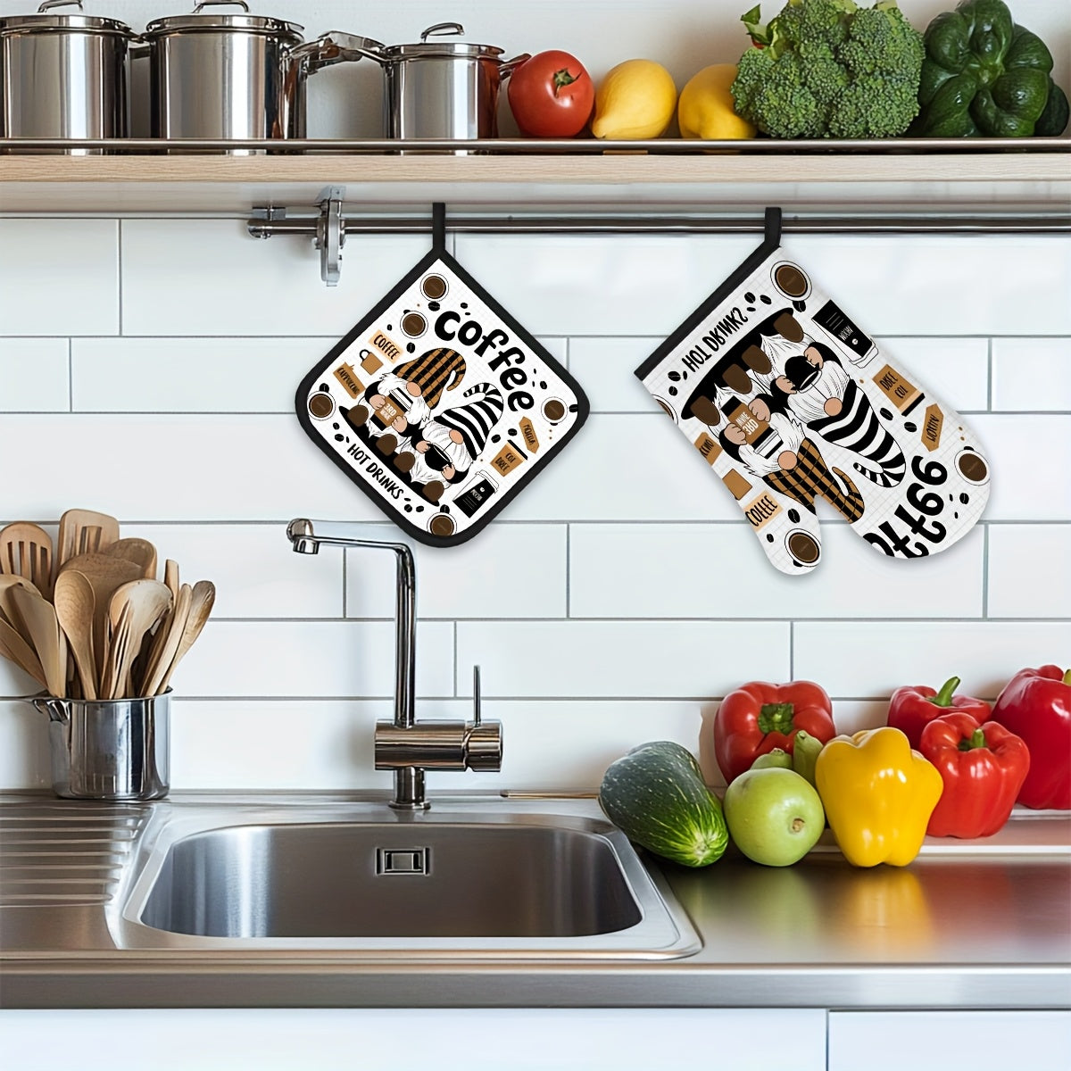 Whimsical Gnome Coffee-Themed Oven Mitt & Pot Holder Set – Heat-Resistant