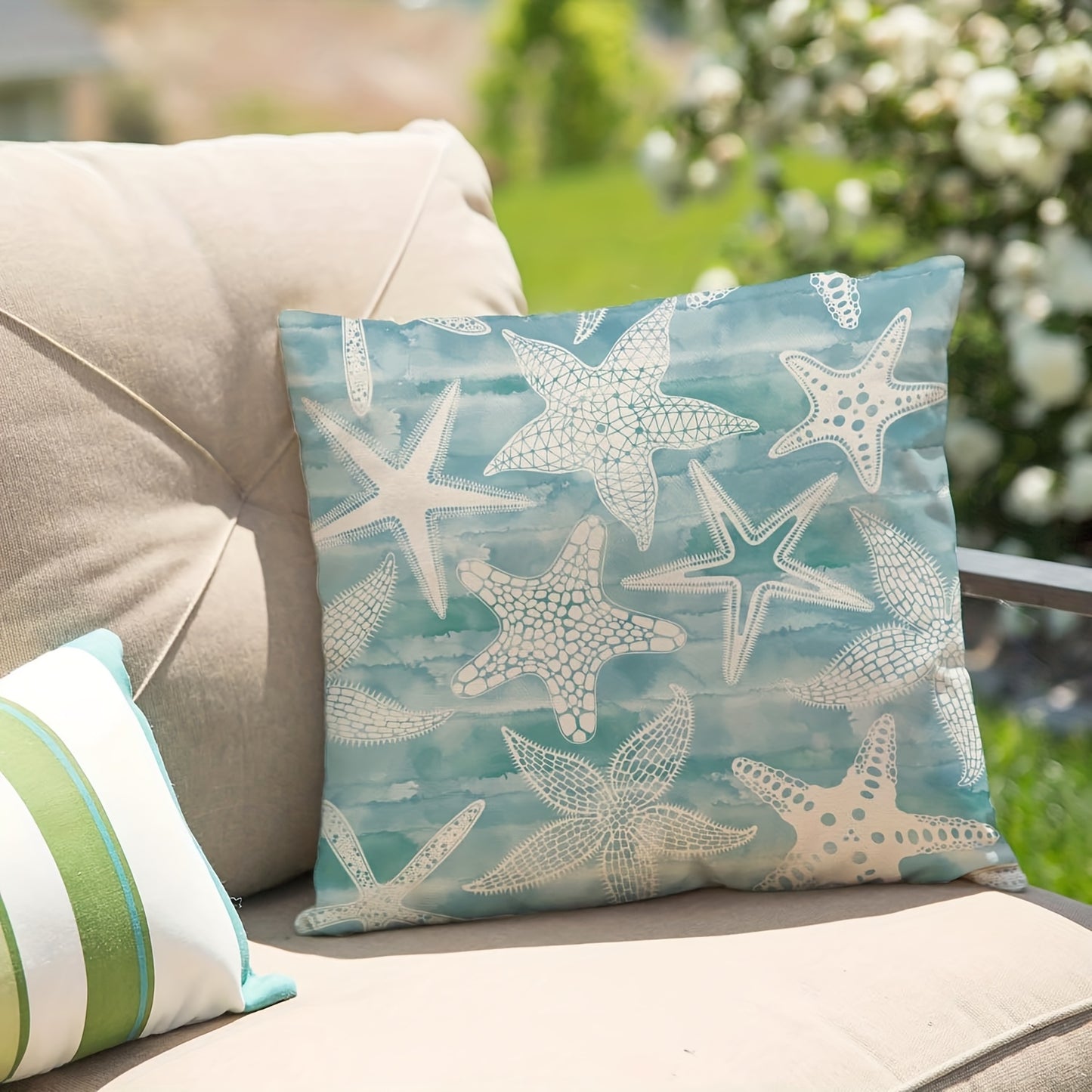 Linen Starfish on Blue Background Pillow Covers – 18x18 Inch Coastal Beach Decor