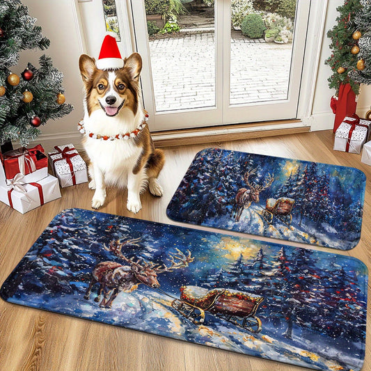 Festive Elk & Sleigh Mats – Non-slip & Machine Washable Indoor/Outdoor, 1.5'x2.5' / 1.5'x4'