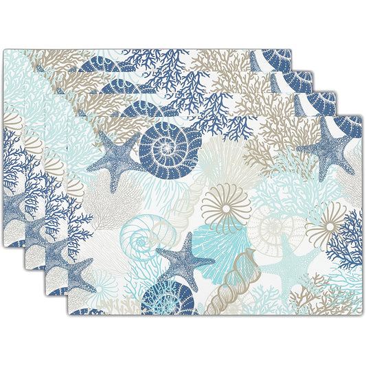 Summer Ocean-Themed Placemats – Set of 4 Washable, Non-Slip, Heat-Resistant Table Mats, 12x18" Coastal Dining Decor