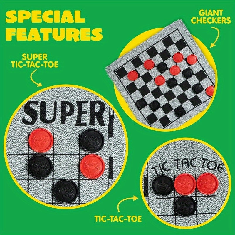 3-in-1 Giant Checkers & Tic-Tac-Toe Set – Reversible Mat for Indoor & Outdoor Fun