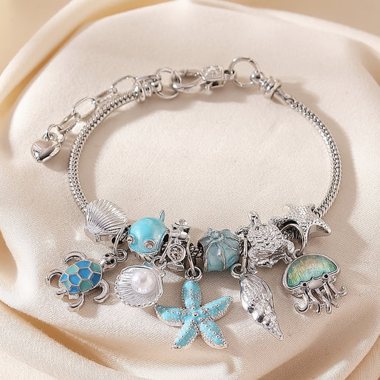 Ocean-Inspired Beaded Pearl & Shell Charm Bracelet – Adjustable