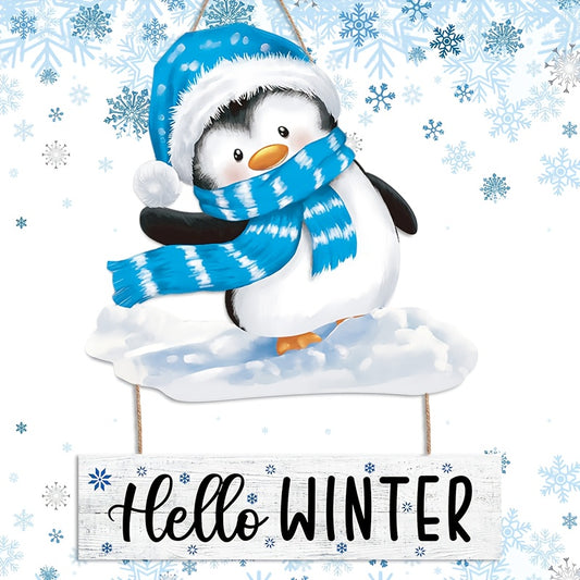 “Hello Winter” Penguin Door Hanging – Snowy Cut-Out, Blue & White, 9.84 x 9.64"