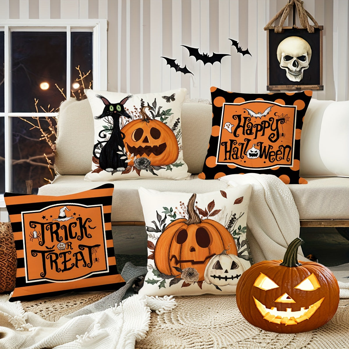 Halloween Cat & Pumpkin Throw Pillow Covers – 18x18" Orange & Black