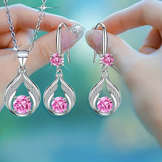Hollow Droplet Necklace & Earrings Set (Pink) – 3-Piece Sparkling Jewelry Gift