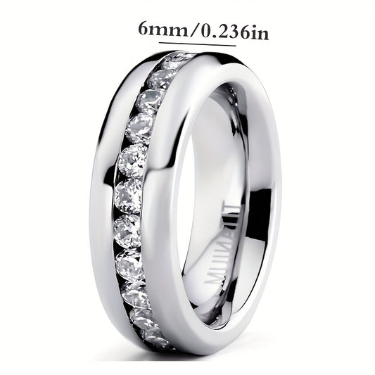 Stainless Steel Cuban Eternity Ring with Cubic Zirconia – Unplated Durable Design, Wedding or Anniversary Gift