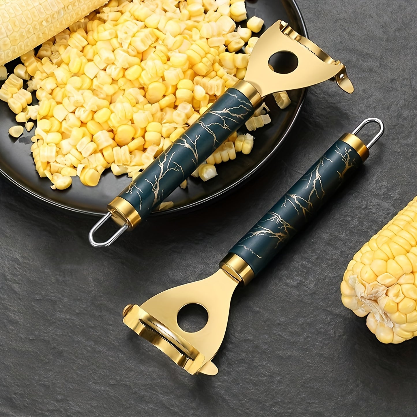 Gold-Tone Corn Stripper – Navy Marble-Patterned Handle