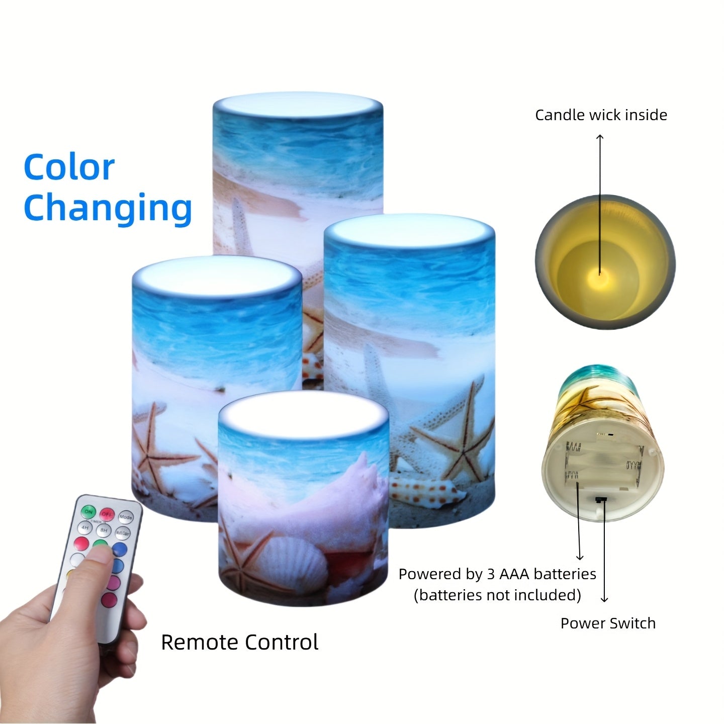 4-piece blue flameless LED candles featuring a beach scene with shells and starfish for a relaxed seaside home décor.