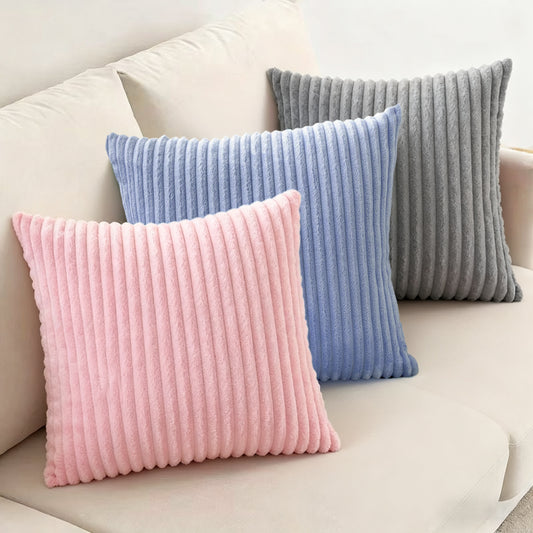 Modern Striped Supersoft Corduroy Pillow Cover – Hidden Zipper (Pink, Blue, Gray), 18x18"