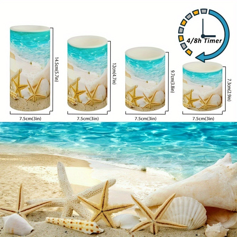 4-piece blue flameless LED candles featuring a beach scene with shells and starfish for a relaxed seaside home décor.