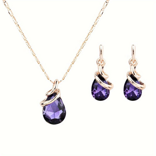 Water Drop Pendant Necklace & Earrings Set – 3-Piece Gift in Purple or Ink Blue