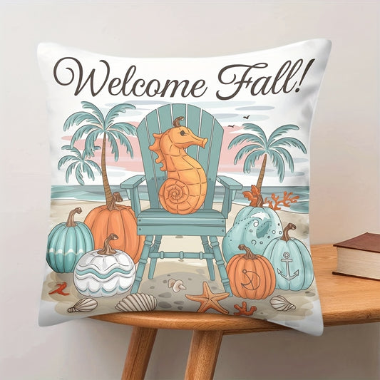 “Welcome Fall!” Pumpkin & Seahorse Pillow Cover