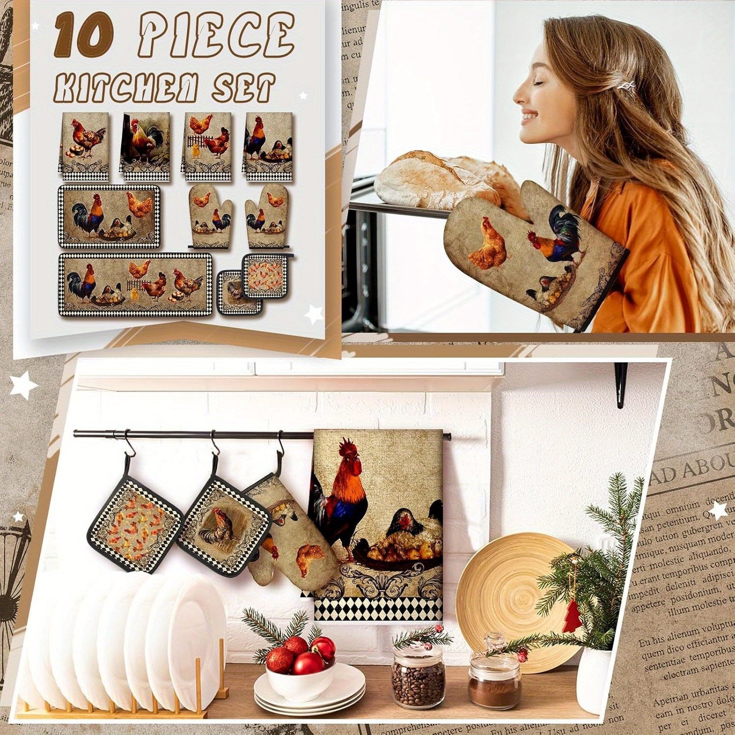 10-Piece Vintage Farmhouse Rooster Kitchen Set – Rustic Rooster Décor & Cooking Essentials