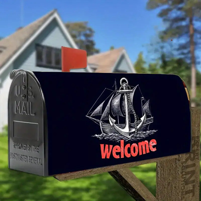 Bold Nautical Sailboat Welcome Mailbox Cover - Adjustable Buckle Strap, Standard Size - Coastal Pillows Plus