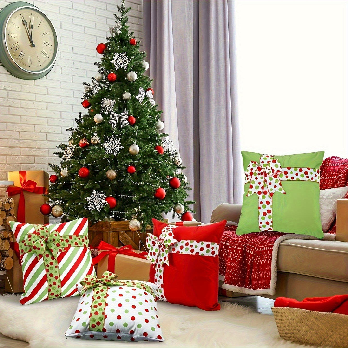 Christmas Holiday Pillow Covers – Modern Red & Green Dot Design, 18x18"