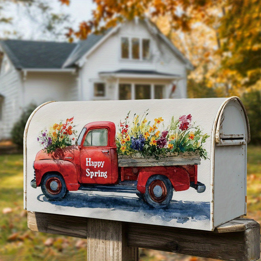 Farmhouse Red Truck “Happy Spring” Mailbox Cover – Magnetic, 18" x 21"