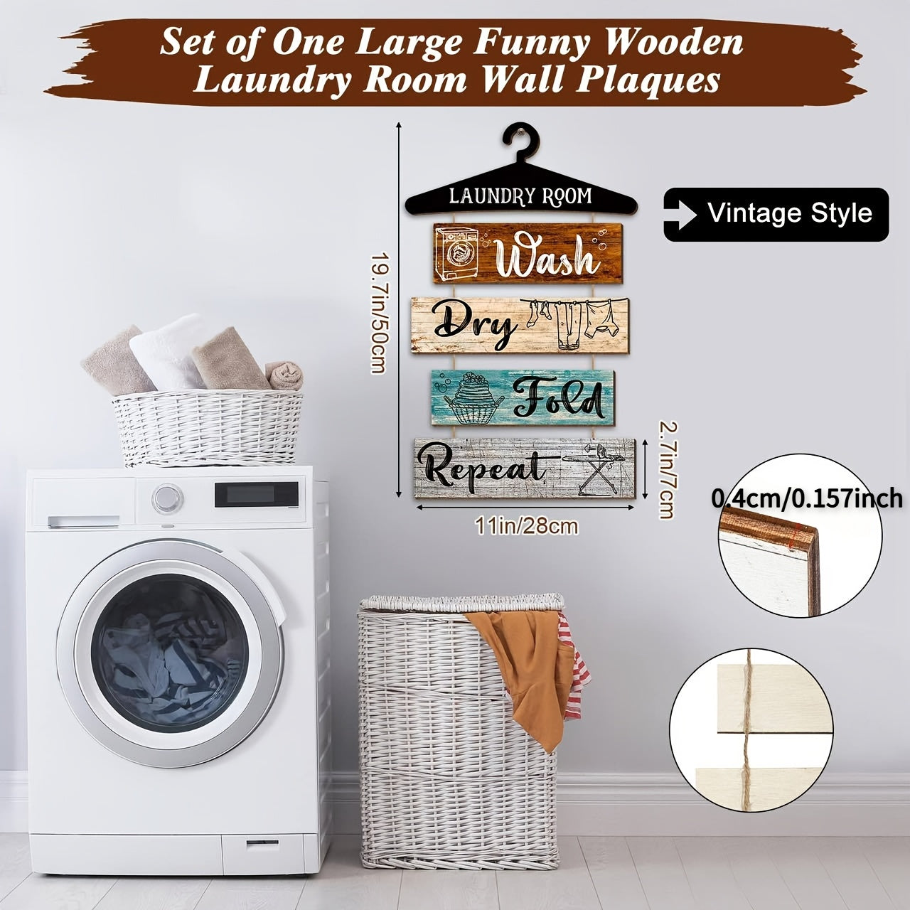 Wash, Dry, Fold, Repeat Laundry Room Wall Sign, 19.7x11