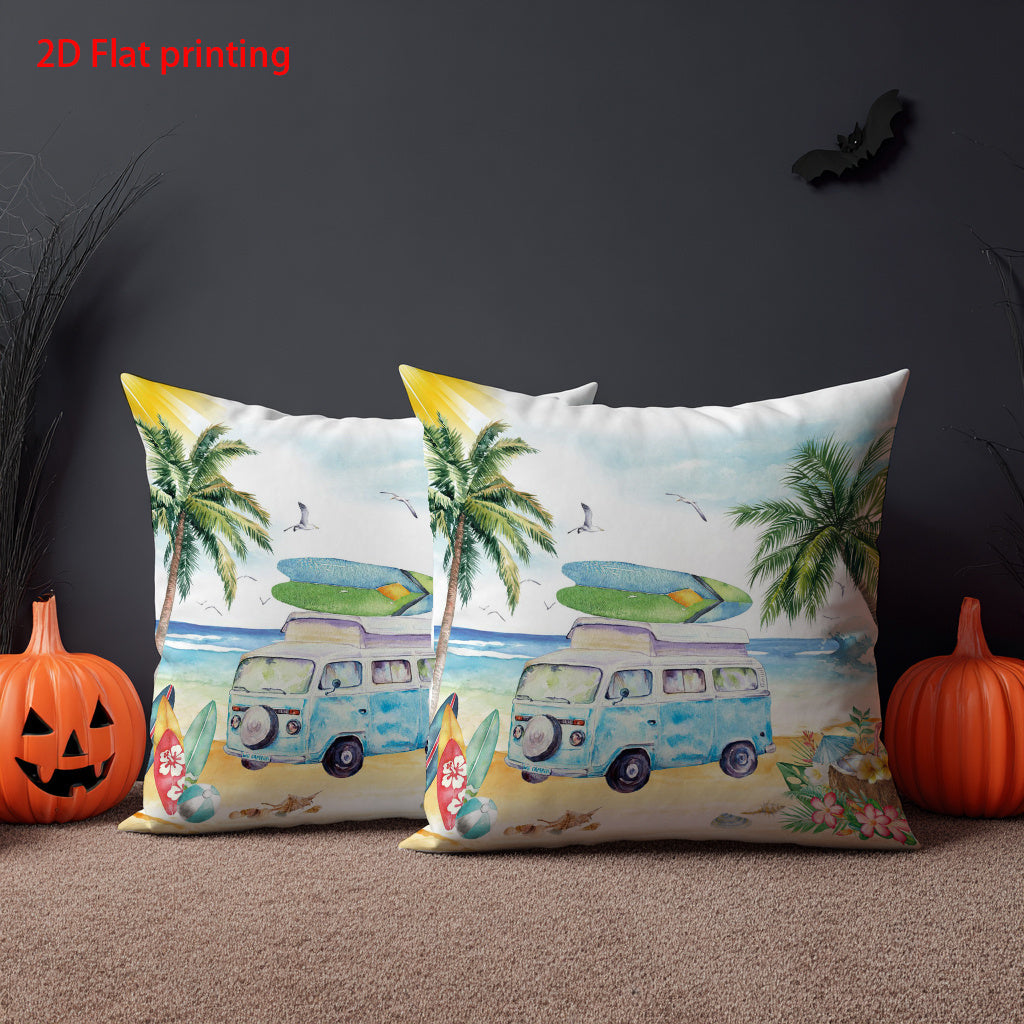 Vintage Beach Scene Throw Pillow Cover – Surfboard, Palm Trees & Blue Van Design, 18x18"