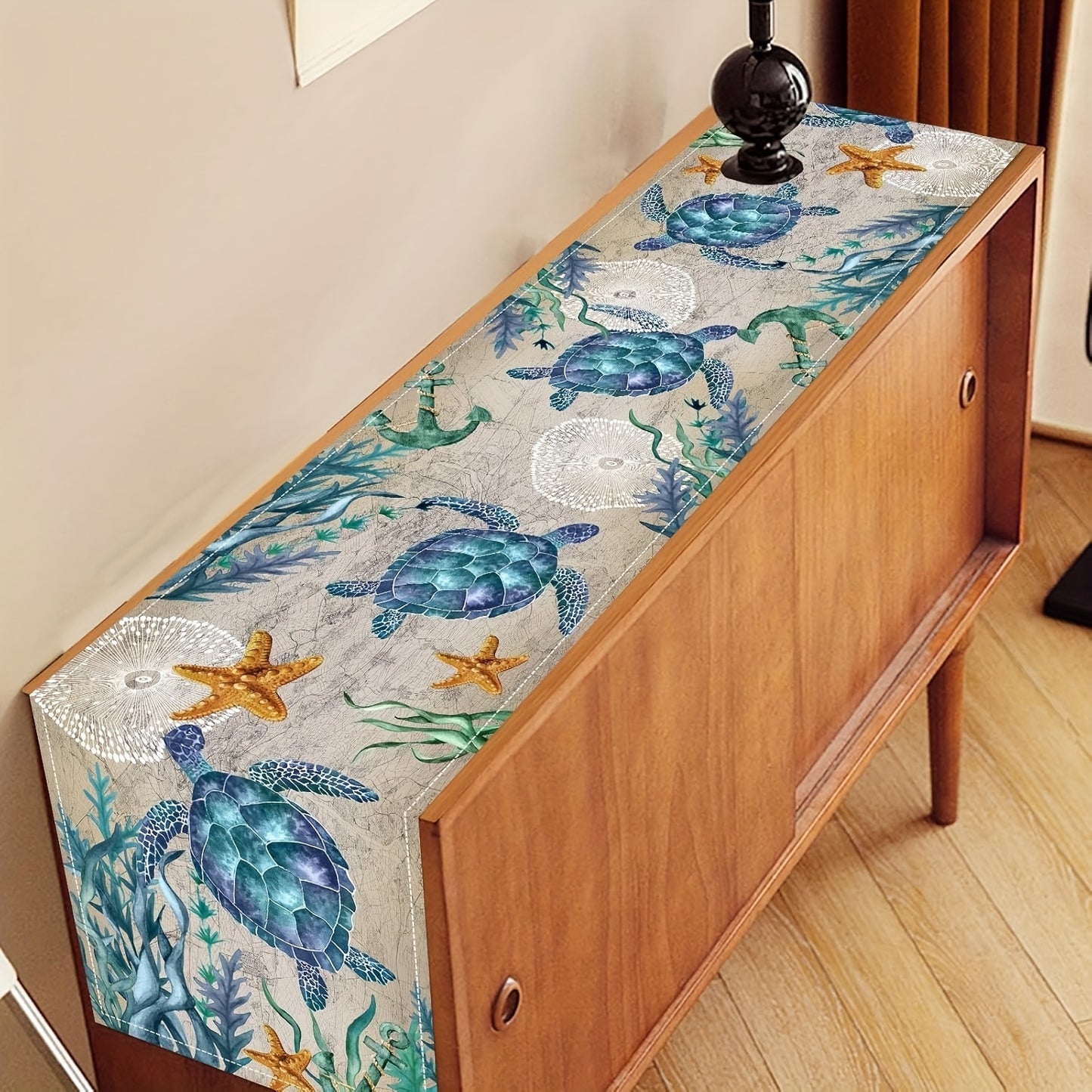 Retro Sea Turtle Linen Table Runner – Nautical Coastal Design (13x48)