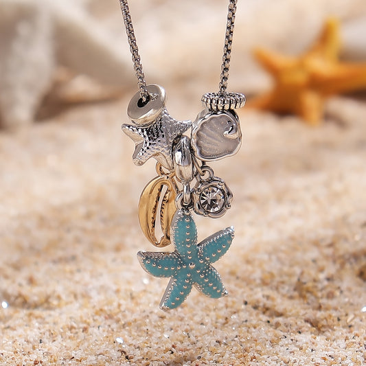 Starfish & Seashell Pendant Necklace – Rhinestone Accent