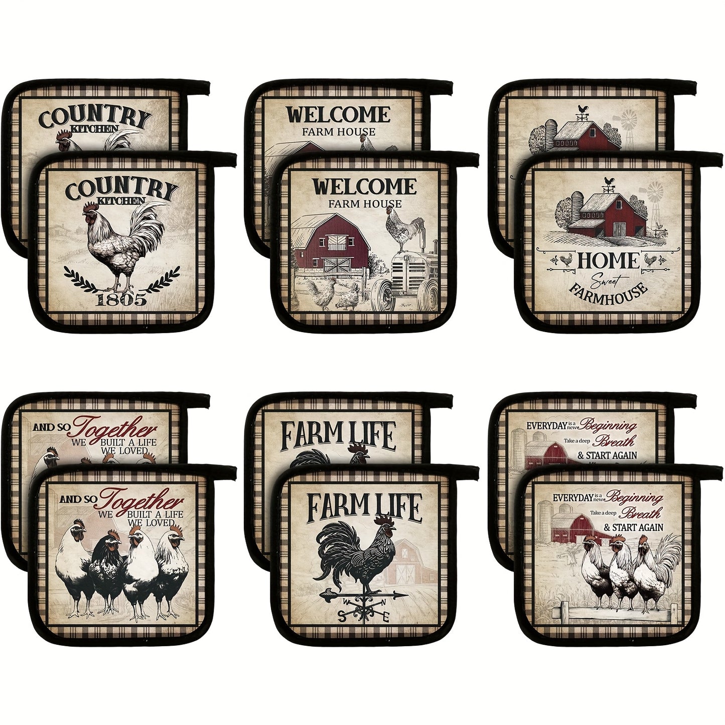 6 Sets of Vintage Rustic Pot Holders with Pockets – Heat-Resistant Kitchen Accessories