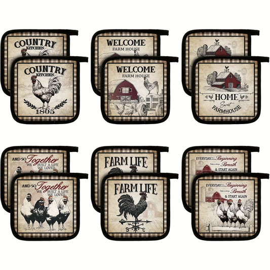 6 Sets of Vintage Rustic Pot Holders with Pockets – Heat-Resistant Kitchen Accessories