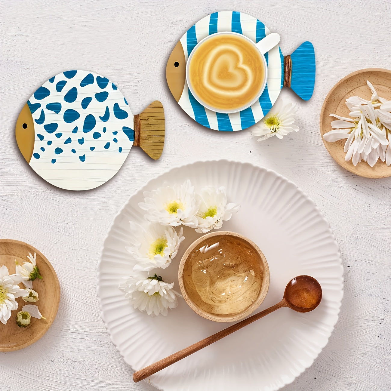 Set of 4 Blue Wooden Fish-Shaped Coasters