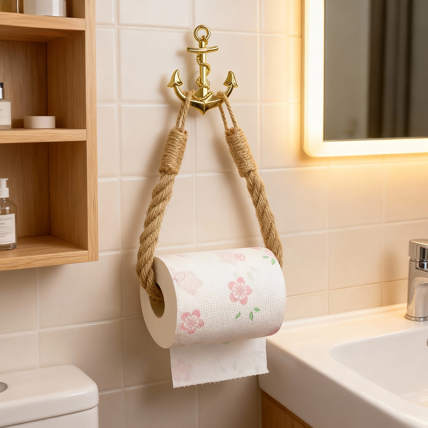 Nautical Anchor Jute Toilet Paper Holder – Rustic, No-Drill, Retro Bathroom Hardware