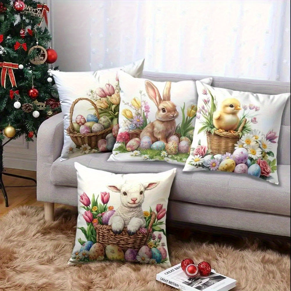 Enchanting 16x16 inch Easter pillow cover featuring watercolor bunny, chick, and lamb illustrations with spring florals for festive décor – Coastal Pillows Plus.